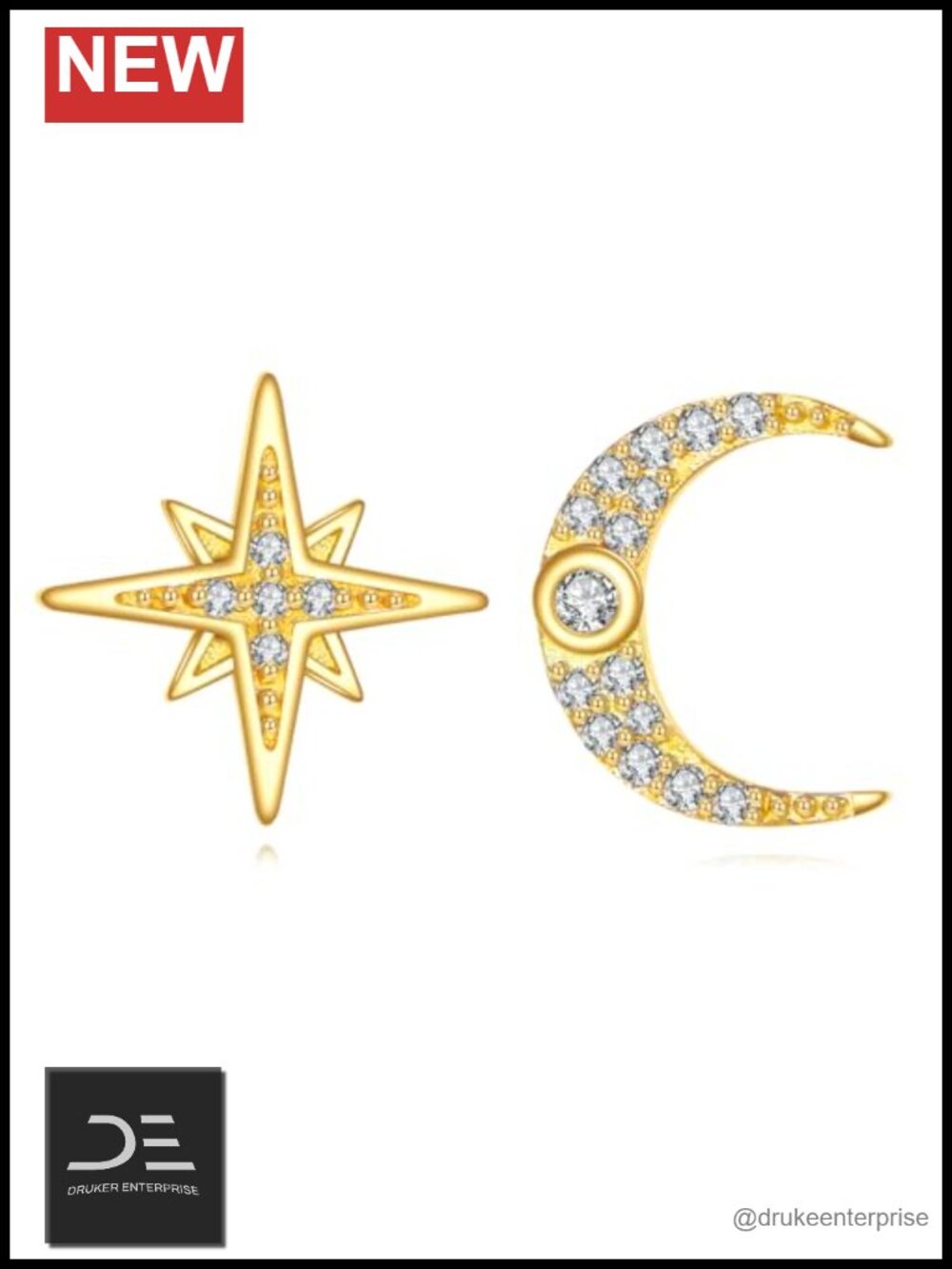 14K Solid Gold Moon North Star Stud Earrings with CZ for Women